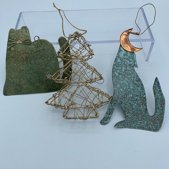 Set of 3 Rustic Metal Ornaments - Green Cat, Copper Moon Wolf, Gold Wire Tree - Picture 2 of 9